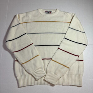 VTG 70S CAMPUS SPORT STRIPED IVORY MENS PULLOVER CREWNECK SWEATER SIZE LARGE